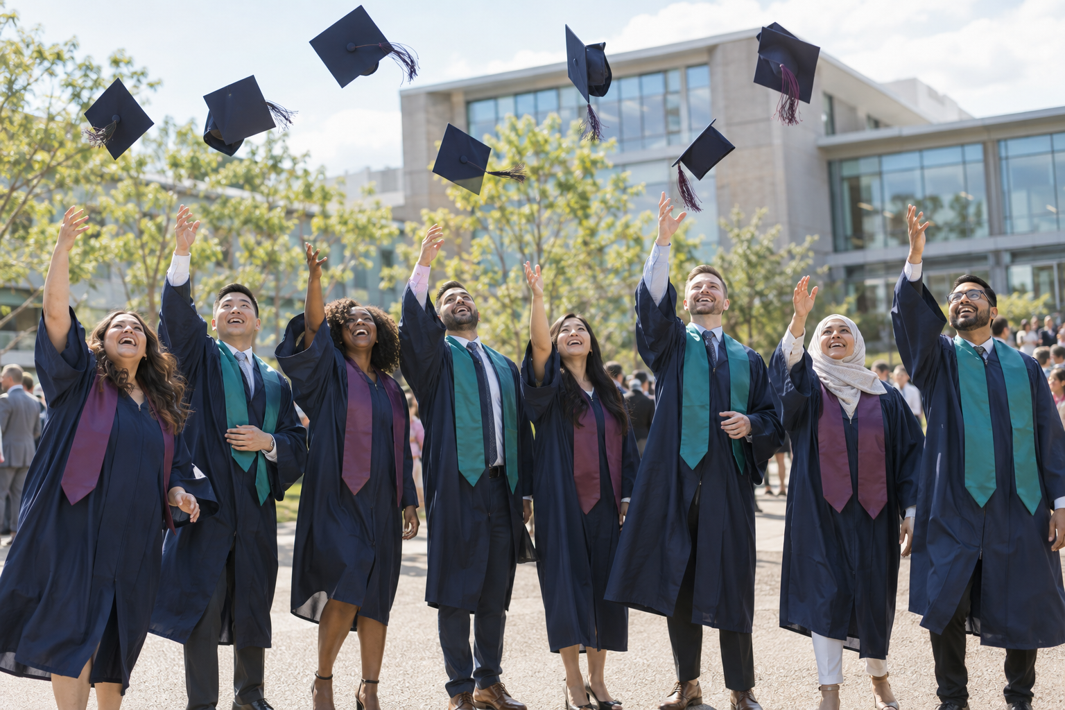 Diverse group of adult graduates celebrating outdoors